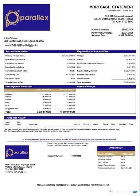 Download Nigeria Parallex Bank mortgage statement Word and PDF template Photoshop template
